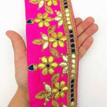 Fuchsia Pink Art Silk Fabric Trim, Blue & Gold Floral Embroidery Gota Patti Indian Sari Border Trim By Yard Decorative Trim Craft Lace
